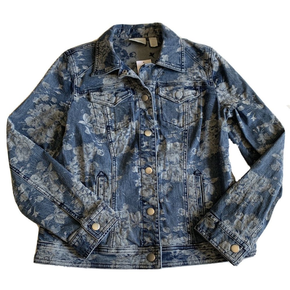 Chicos NWT Floral Denim Jacket Jacquard Size 0 Medium Blue Wash Snap Button